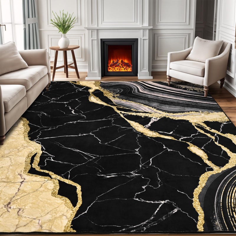 ASPMIZ Marble Area Rug 5x7 Washable Rugs for Bedroom, Soft Faux Wool Black and Gold Living Room Rugs Non Slip Modern Floor Carpet Low Profile Large Throw Rug for Dining Room Home Office Decor - Image 1