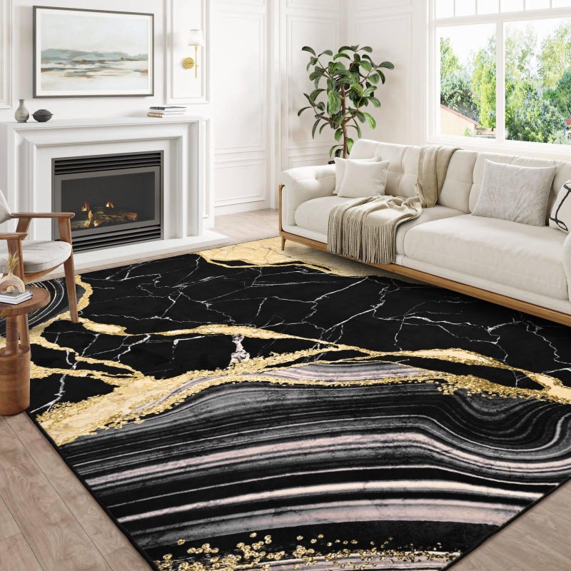 ASPMIZ Marble Area Rug 5x7 Washable Rugs for Bedroom, Soft Faux Wool Black and Gold Living Room Rugs Non Slip Modern Floor Carpet Low Profile Large Throw Rug for Dining Room Home Office Decor - Image 2