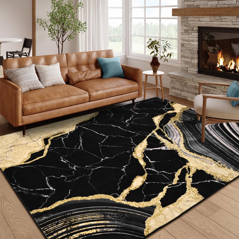 ASPMIZ Marble Area Rug 5x7 Washable Rugs for Bedroom, Soft Faux Wool Black and Gold Living Room Rugs Non Slip Modern Floor Carpet Low Profile Large Throw Rug for Dining Room Home Office Decor - Image 3