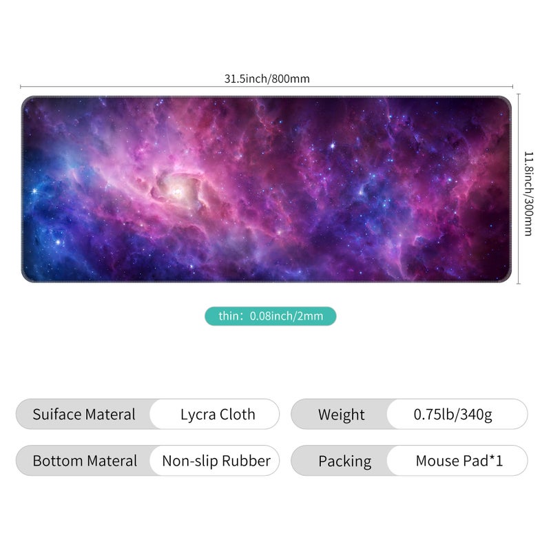 Dynippy Thin Extended Gaming Mouse Pad ï¼ˆ31.5 * 11.8 * 0.08 inchï¼‰ with Stitched Edges Large Mousepad Long XXL Keyboard and Mouse pad Desk Mat for Gaming Office & Home - Galaxy Nebula - Image 2