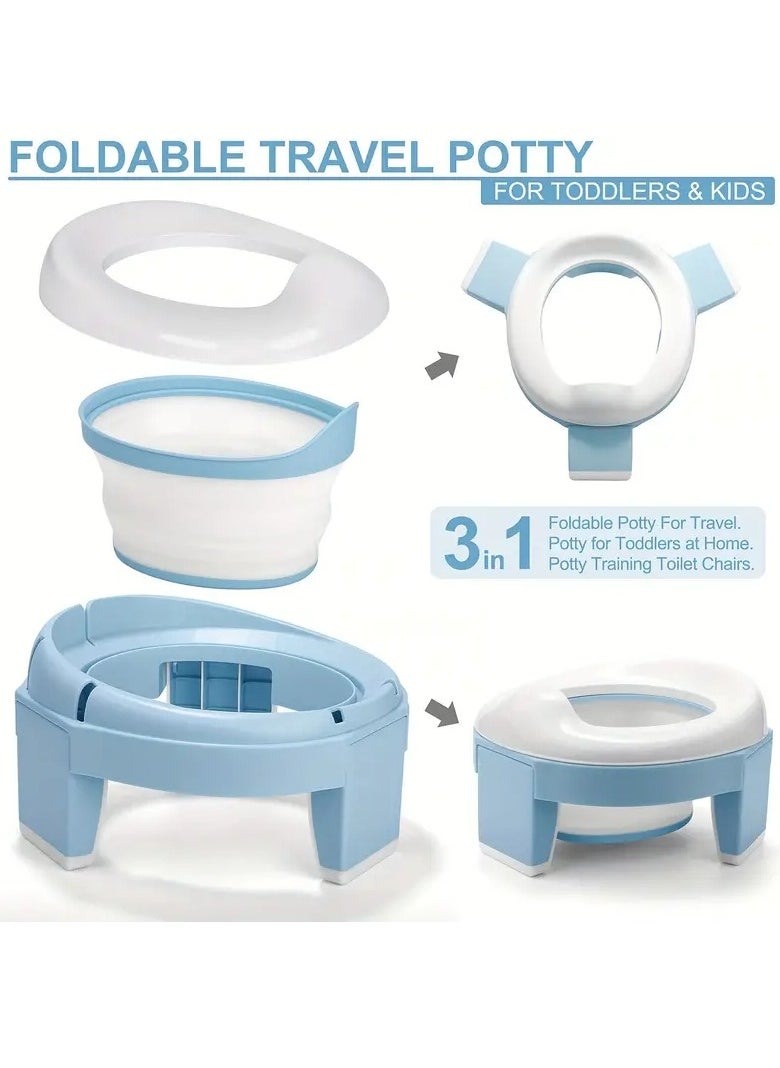 Gonice Portable Potty Training Seat For Toddler Kids - Foldable Training Toilet For Travel Outdoor, Baby Training Seat, 3 In1 Multifunctional Travel Toilet Seat, Foldable Children Potty Blue  - Image 3