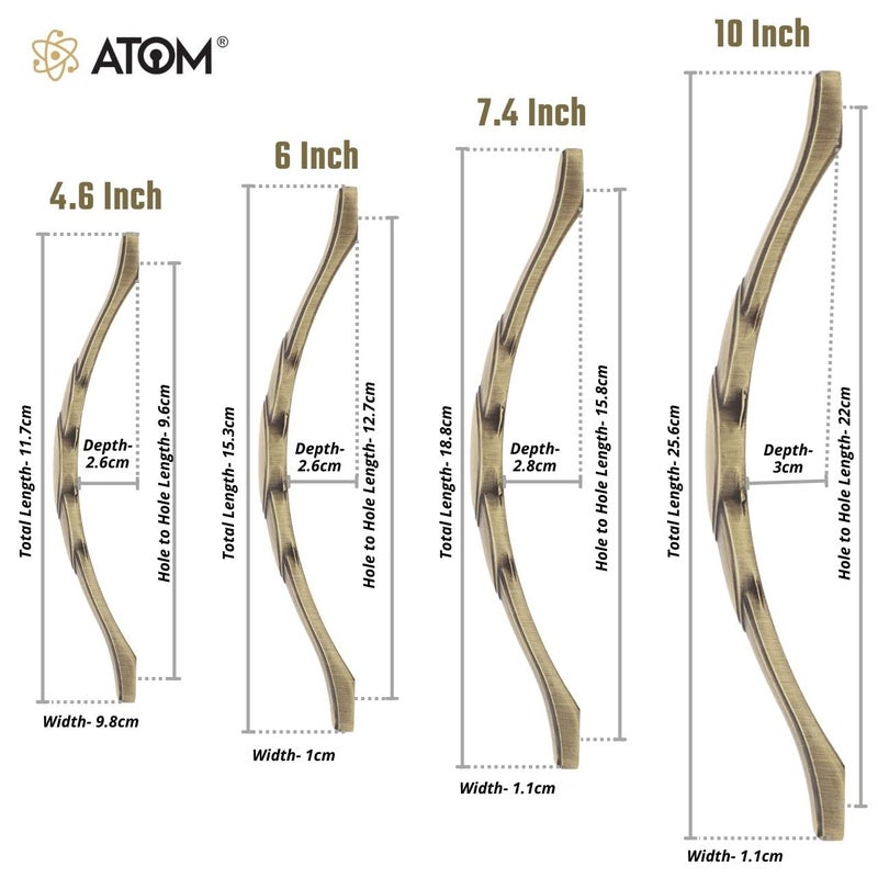 ATOM 10 Inches Brass Antique Door Handle | Cabinet Handle, Main Door Handle, Wardrobe & Drawer Pulls (Set of 2, CH-225) - Image 2