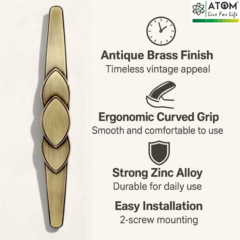 ATOM 10 Inches Brass Antique Door Handle | Cabinet Handle, Main Door Handle, Wardrobe & Drawer Pulls (Set of 2, CH-225) - Image 5