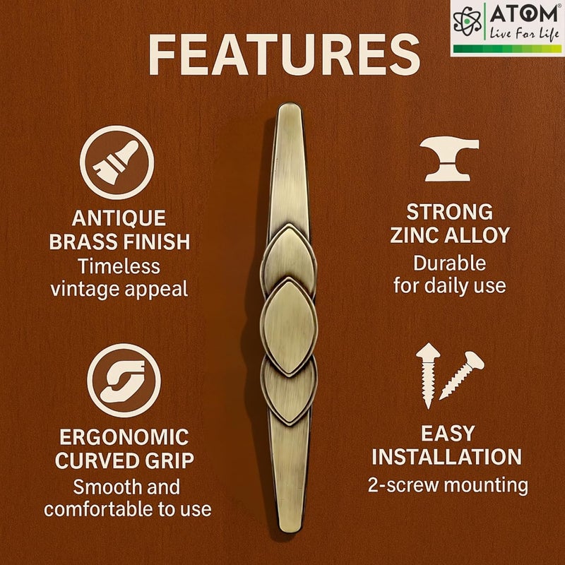 ATOM 10 Inches Brass Antique Door Handle | Cabinet Handle, Main Door Handle, Wardrobe & Drawer Pulls (Set of 2, CH-225) - Image 3