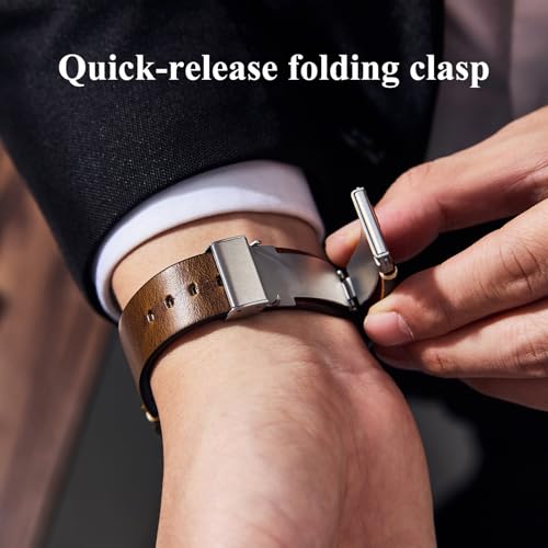 Getalia leather Watch Band Foldover Clasp Retro Oil wax Genuine Leather,18mm 19mm 20mm 21mm 22mm Quick Release Replacement Watch Straps for Men and Women (Brown Band Width-20mm) - Image 2