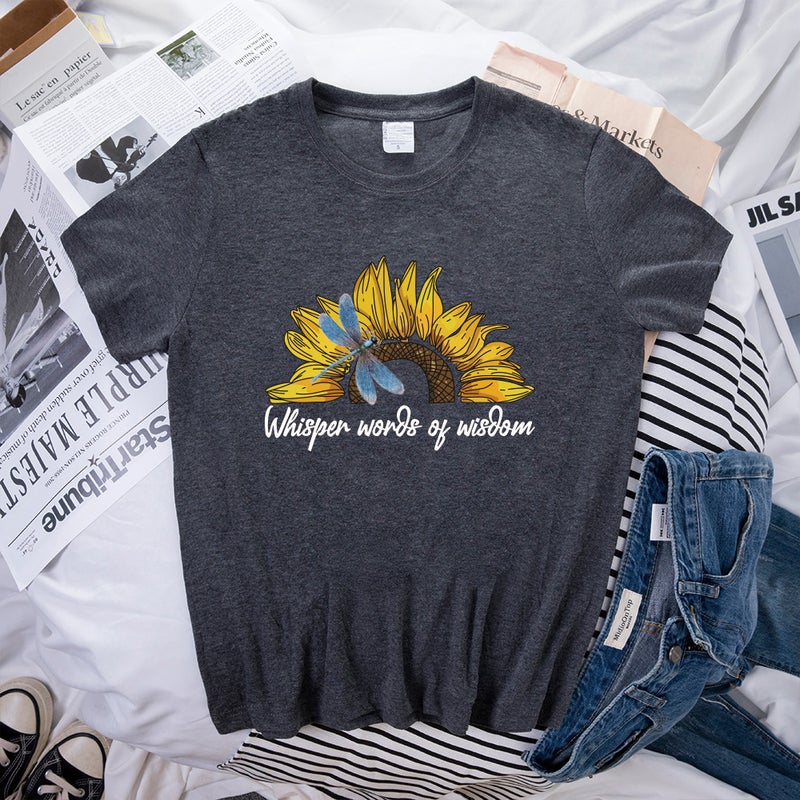 wish supply Lady = Dragonfly sunflower letter printing loose short sleeve t-shirt - Image 1