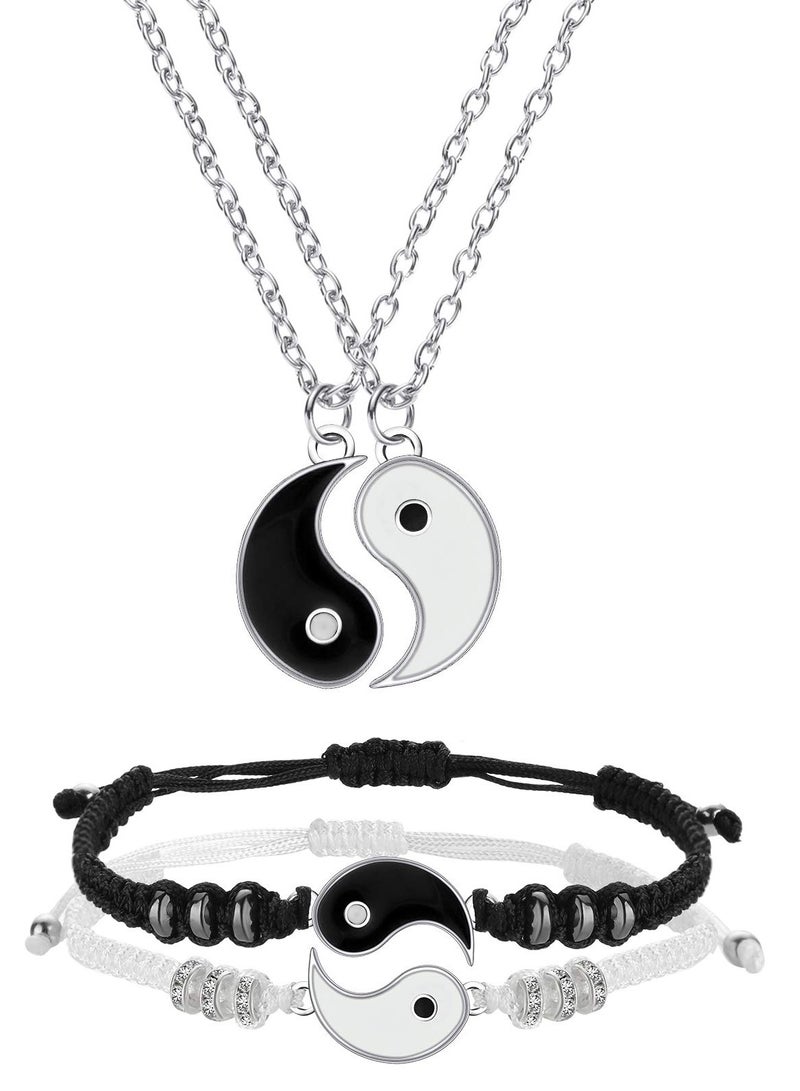 Yin Yang Matching Bracelet and Necklace Set 2 Pieces Adjustable Cord Bracelets and Couple Pendant Necklaces for Friendship and Couples - Image 1