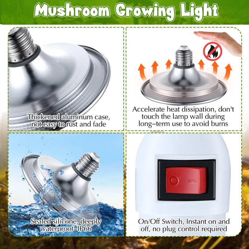 Meonum 1 Pack Hanging Mushroom Grow Light, E27 LED Grow Lamp for Indoor Plants, Decorative 6000K Blue & 5000K White Spectrum, 4.9FT Cord with Switch, Unique Mushroom Plant Light - Image 5