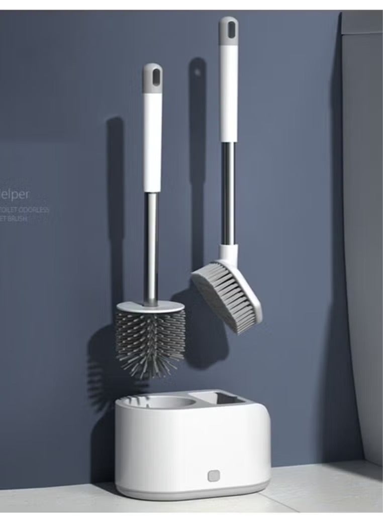 فرشاة مرحاض من السيليكون وحاملها مع مجموعة فرش تنظيف شعيرات لتنظيف الحمام، فرشاة مرحاض طويلة المقبض مقاومة للصدأ وغير قابلة للانزلاق - Image 1
