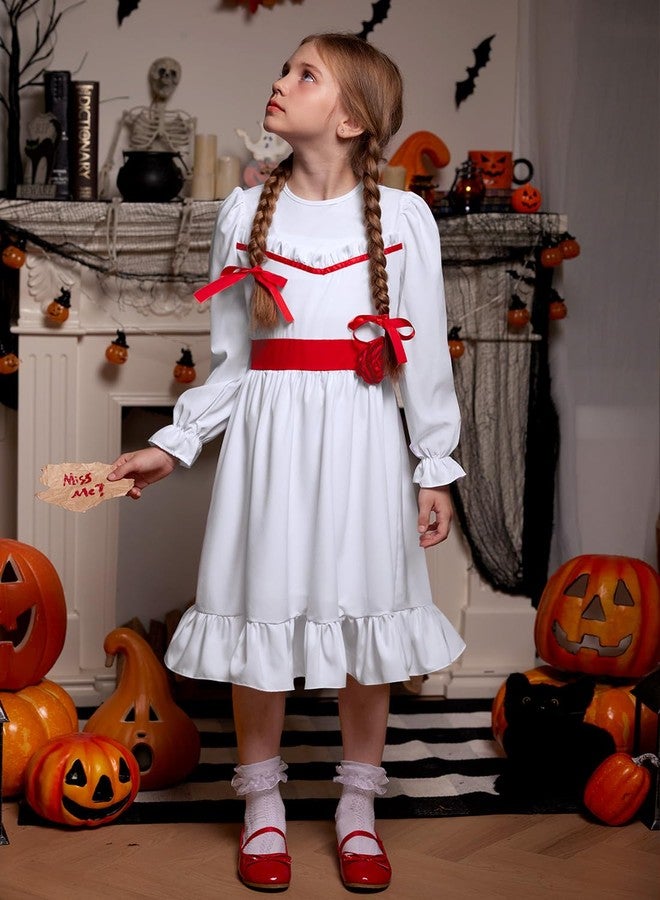 BesserBay Girl's Halloween Party Long Sleeve White Soft Rose Belt Scary Ananbell Costume Dress with Red Hair Bows 7-8 Years - Image 4