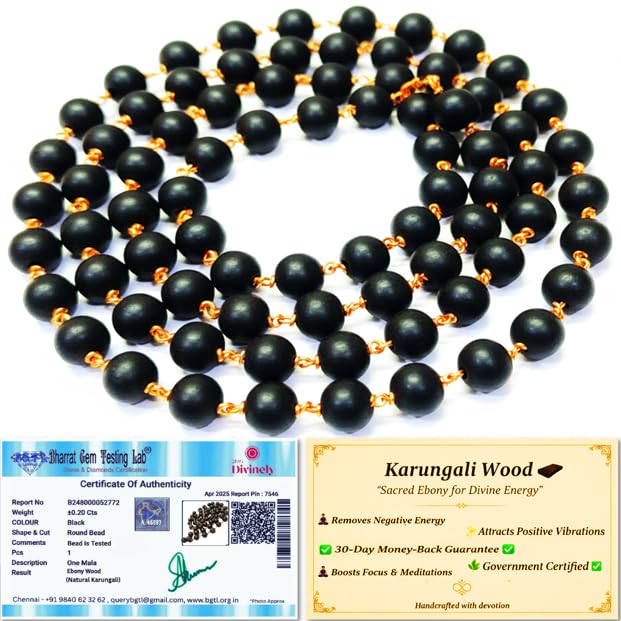 SRM's Divinely Divinely 100% Natural Karungali Malai Original 8mm | Certified Copper Thread Karungali Mala 54+1 Beads | Black Ebony Wood Necklace for Japa, Meditation & Spiritual Balance | Free Yoga eBook & 30-Day Warranty - Image 1