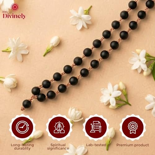 SRM's Divinely Divinely 100% Natural Karungali Malai Original 8mm | Certified Copper Thread Karungali Mala 54+1 Beads | Black Ebony Wood Necklace for Japa, Meditation & Spiritual Balance | Free Yoga eBook & 30-Day Warranty - Image 2