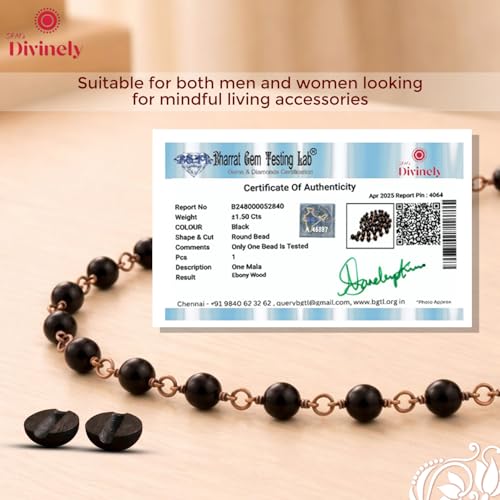 SRM's Divinely Divinely 100% Natural Karungali Malai Original 8mm | Certified Copper Thread Karungali Mala 54+1 Beads | Black Ebony Wood Necklace for Japa, Meditation & Spiritual Balance | Free Yoga eBook & 30-Day Warranty - Image 3