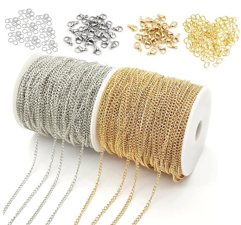 CRAFTS HAVELI Iron Jewelry Making Kit Silver & Golden Link Chain (5 Mtr Each) with Jump Rings & Lobster Clasps ,DIY Necklace & Bracelet Supplies - Image 1
