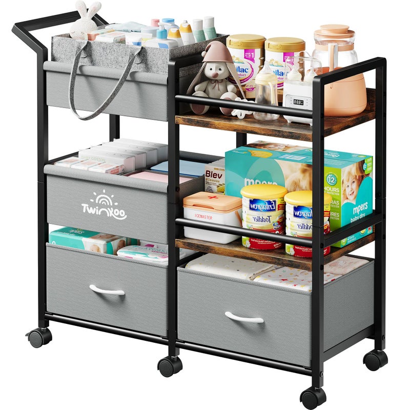 Twinkoo 2-in-1 Baby Diaper Caddy Organizer, 3 Tier Rolling Storage Cart with Dividers and Drawers, Baby Essentials for Nursery Storage, Mobile Utility Cart with Wheels Large Capacity Easy to Assemble - Image 1