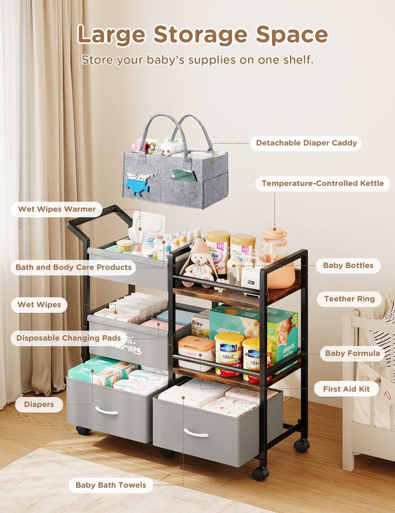 Twinkoo 2-in-1 Baby Diaper Caddy Organizer, 3 Tier Rolling Storage Cart with Dividers and Drawers, Baby Essentials for Nursery Storage, Mobile Utility Cart with Wheels Large Capacity Easy to Assemble - Image 2