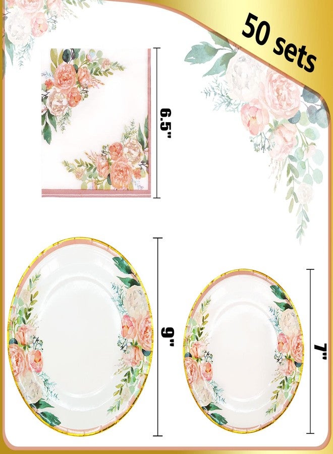 Boosolo Floral Party Supplies - Paper Plates and Napkins Sets for 50 Guests - Include Floral Party Disposable Paper Dinner Plates, Napkins for Baby or Bridal Shower, Birthday, Wedding - Image 2