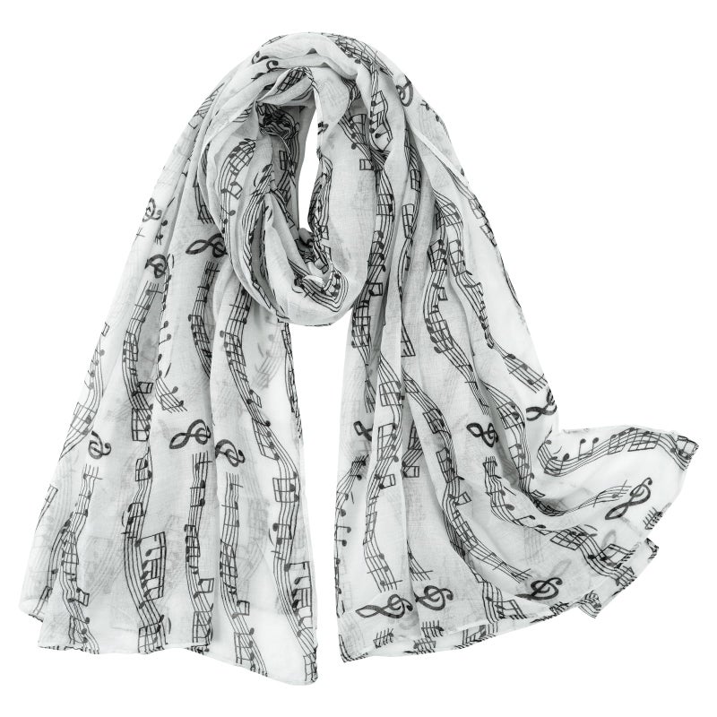 E-Clover White Scarf for Women Lightweight Voile Music Notes Printed Scarves Fall Winter Fashion Shawl Wraps Head Scarf - Image 1