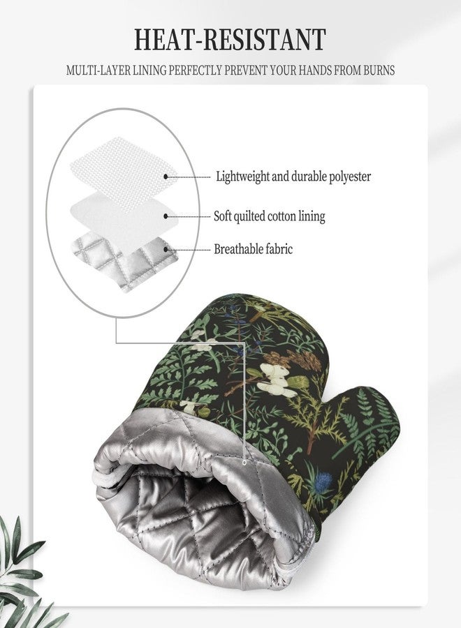 BOKEKANG Botanical Print Floral Oven Mitts and Pot Holders Set of 4 Silicone Black Sage Green Botanical Print Kitchen Mitten Gloves and Farmhouse Potholders Set Vintage Oven Gloves Hot Holders for BBQ - Image 4