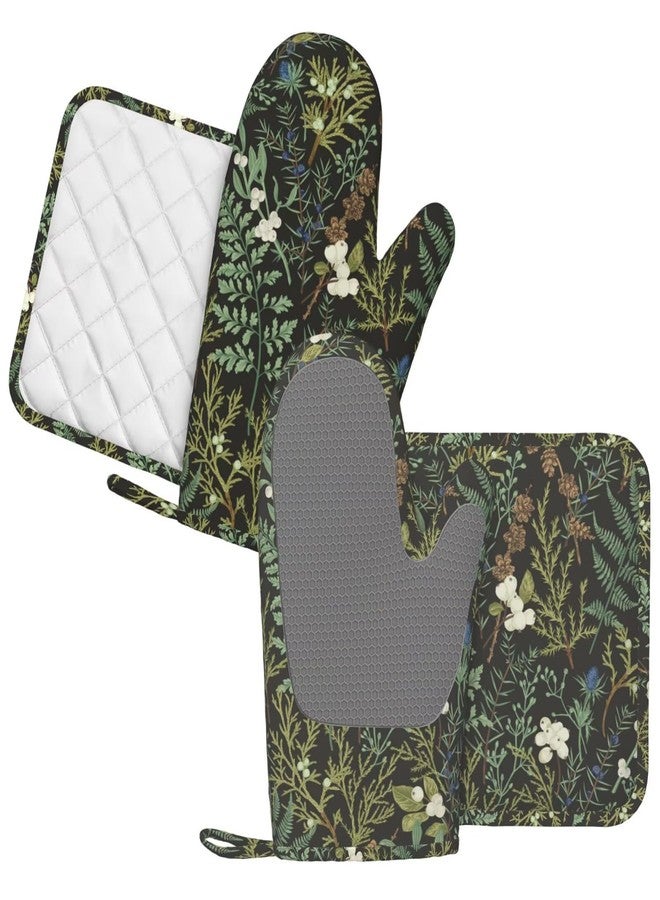 BOKEKANG Botanical Print Floral Oven Mitts and Pot Holders Set of 4 Silicone Black Sage Green Botanical Print Kitchen Mitten Gloves and Farmhouse Potholders Set Vintage Oven Gloves Hot Holders for BBQ - Image 2