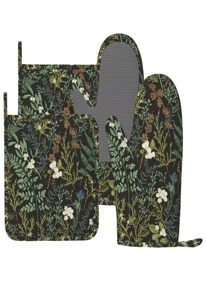 BOKEKANG Botanical Print Floral Oven Mitts and Pot Holders Set of 4 Silicone Black Sage Green Botanical Print Kitchen Mitten Gloves and Farmhouse Potholders Set Vintage Oven Gloves Hot Holders for BBQ - Image 1