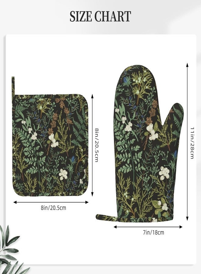 BOKEKANG Botanical Print Floral Oven Mitts and Pot Holders Set of 4 Silicone Black Sage Green Botanical Print Kitchen Mitten Gloves and Farmhouse Potholders Set Vintage Oven Gloves Hot Holders for BBQ - Image 3