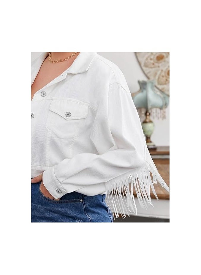Joychic - Women's Cropped Denim Jacket | Button-Front Design | Down Feather Tassel Detailing - Image 1