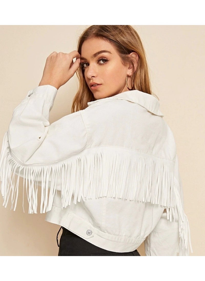 Joychic - Women's Cropped Denim Jacket | Button-Front Design | Down Feather Tassel Detailing - Image 1