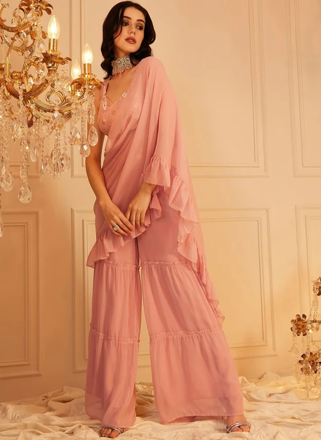 Indo Street Embellished Peach Top & Palazzo Set for Women