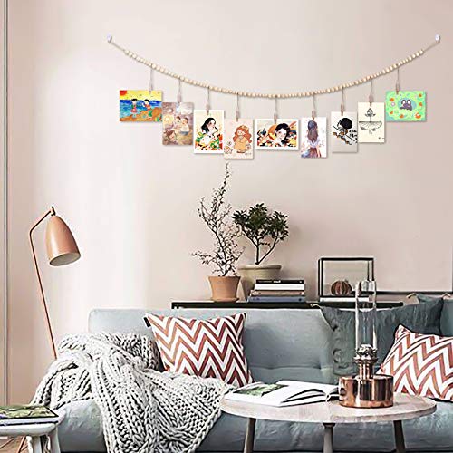 QXUJI 2PCS Wall Hanging Photo Display with Wooden Beads Garland, Collage Picture Frame for Boho Wall Decoration, Photo Holders with 9 Wood Clips, for Rustic Country Decor, Home Nursery Room Dorm Decor - Image 5