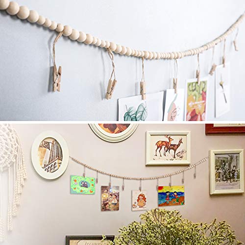 QXUJI 2PCS Wall Hanging Photo Display with Wooden Beads Garland, Collage Picture Frame for Boho Wall Decoration, Photo Holders with 9 Wood Clips, for Rustic Country Decor, Home Nursery Room Dorm Decor - Image 4