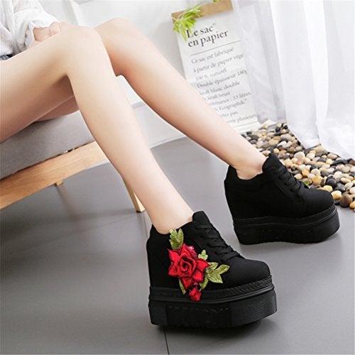 ACE SHOCK Women Fashion Platform Sneakers Wide Width High Hidden Heel Wedge Walking Shoes Flower (7.5, Black) - Image 2