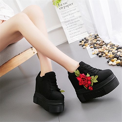 ACE SHOCK Women Fashion Platform Sneakers Wide Width High Hidden Heel Wedge Walking Shoes Flower (7.5, Black) - Image 4