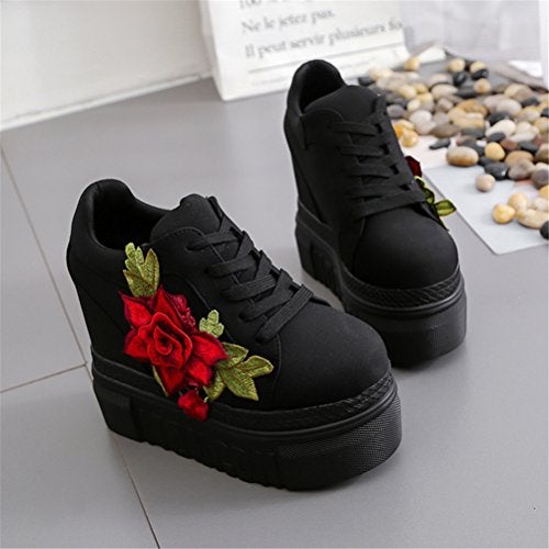 ACE SHOCK Women Fashion Platform Sneakers Wide Width High Hidden Heel Wedge Walking Shoes Flower (7.5, Black) - Image 5