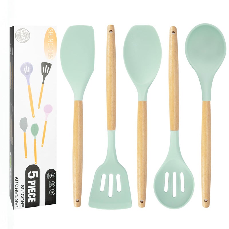 SHUNIKING Kitchen Utensils Set, 5 Pcs Non-Stick Silicone Kitchen Cooking Utensils with Wooden Handle, Kitchen Spatula Cookware Utensils Set, Heat Resistant Silicone Kitchen Gadgets (Light Green) - Image 1