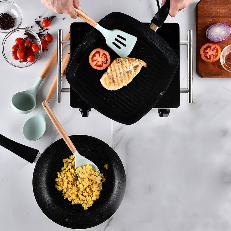 SHUNIKING Kitchen Utensils Set, 5 Pcs Non-Stick Silicone Kitchen Cooking Utensils with Wooden Handle, Kitchen Spatula Cookware Utensils Set, Heat Resistant Silicone Kitchen Gadgets (Light Green) - Image 2