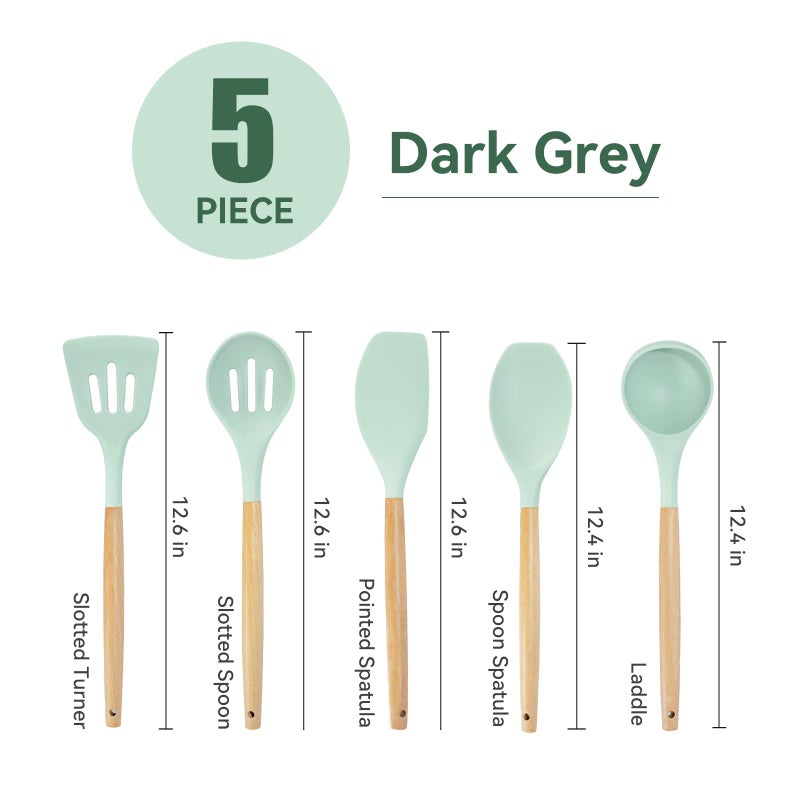 SHUNIKING Kitchen Utensils Set, 5 Pcs Non-Stick Silicone Kitchen Cooking Utensils with Wooden Handle, Kitchen Spatula Cookware Utensils Set, Heat Resistant Silicone Kitchen Gadgets (Light Green) - Image 3