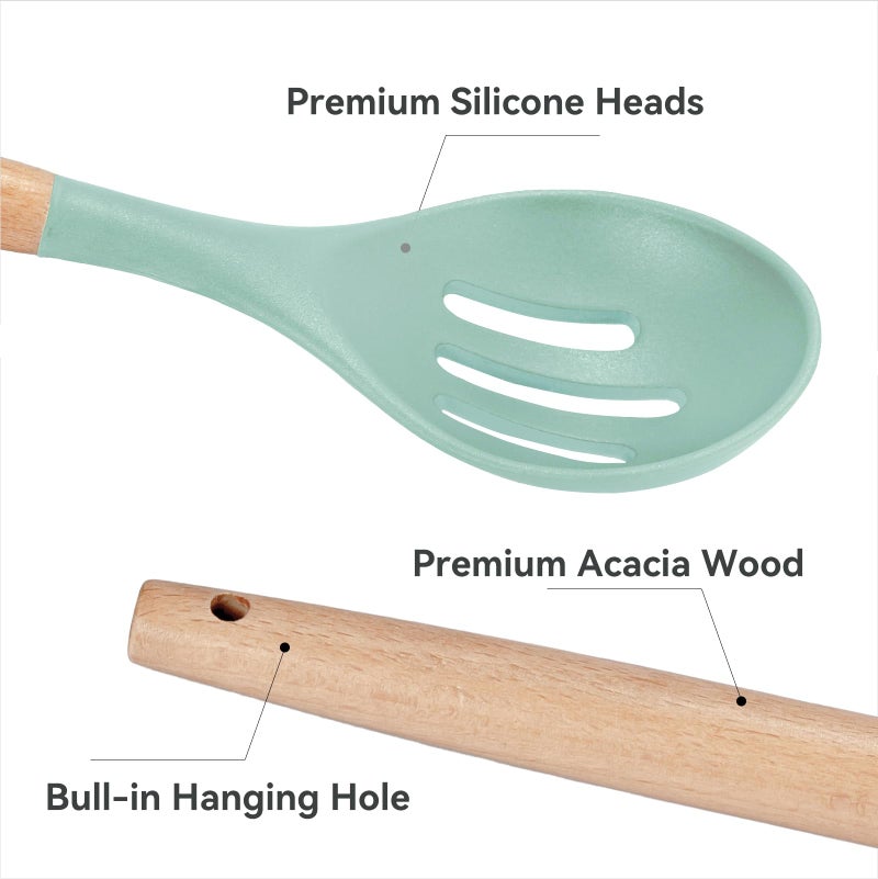 SHUNIKING Kitchen Utensils Set, 5 Pcs Non-Stick Silicone Kitchen Cooking Utensils with Wooden Handle, Kitchen Spatula Cookware Utensils Set, Heat Resistant Silicone Kitchen Gadgets (Light Green) - Image 4