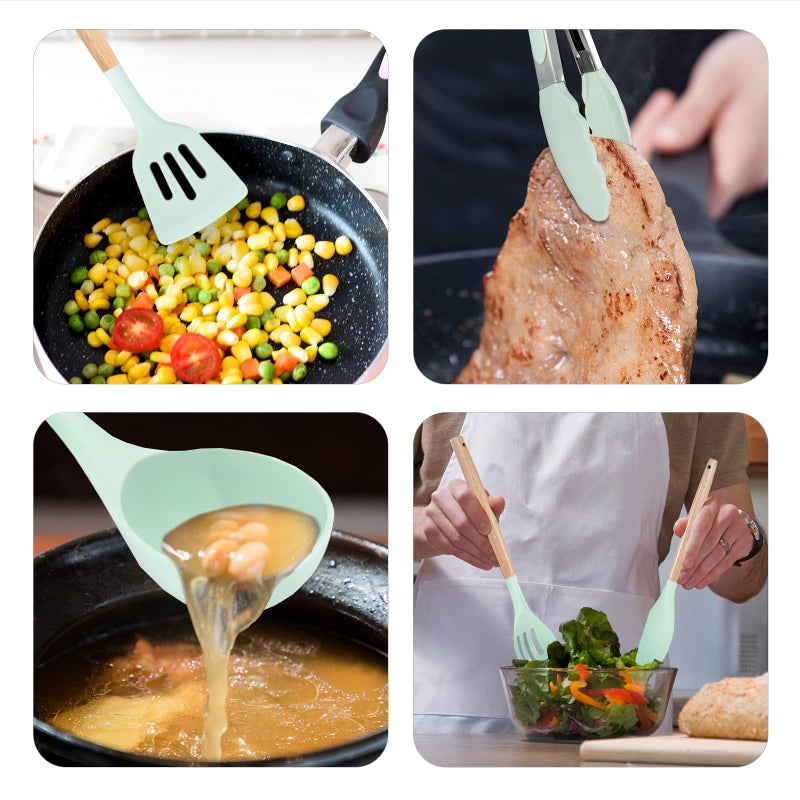 SHUNIKING Kitchen Utensils Set, 5 Pcs Non-Stick Silicone Kitchen Cooking Utensils with Wooden Handle, Kitchen Spatula Cookware Utensils Set, Heat Resistant Silicone Kitchen Gadgets (Light Green) - Image 5