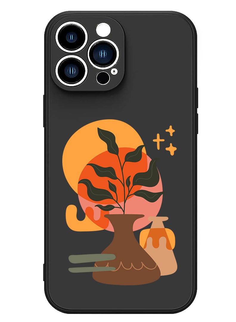 Theodor Protective Slim Fit Case Liquid Silicone Cover with Full Body Protection Anti-Scratch Shockproof Case For iPhone 15 Pro Max Black - Vase with Leaf2 - Image 1