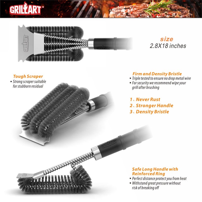 GRILLART Grill Brush and Scraper with Deluxe Handle, Safe Wire Grill Brush BBQ Cleaning Brush Grill Grate Cleaner for Gas Infrared Charcoal Porcelain Grills, BR-8529 - Image 2
