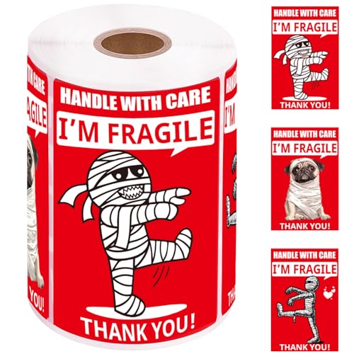 1step2dream Funny Fragile Stickers 3x2inch 500 Labels - Mummy & Dog Design for Shipping Moving Glass, Permanent Adhesive (1 Roll)​ - Image 1