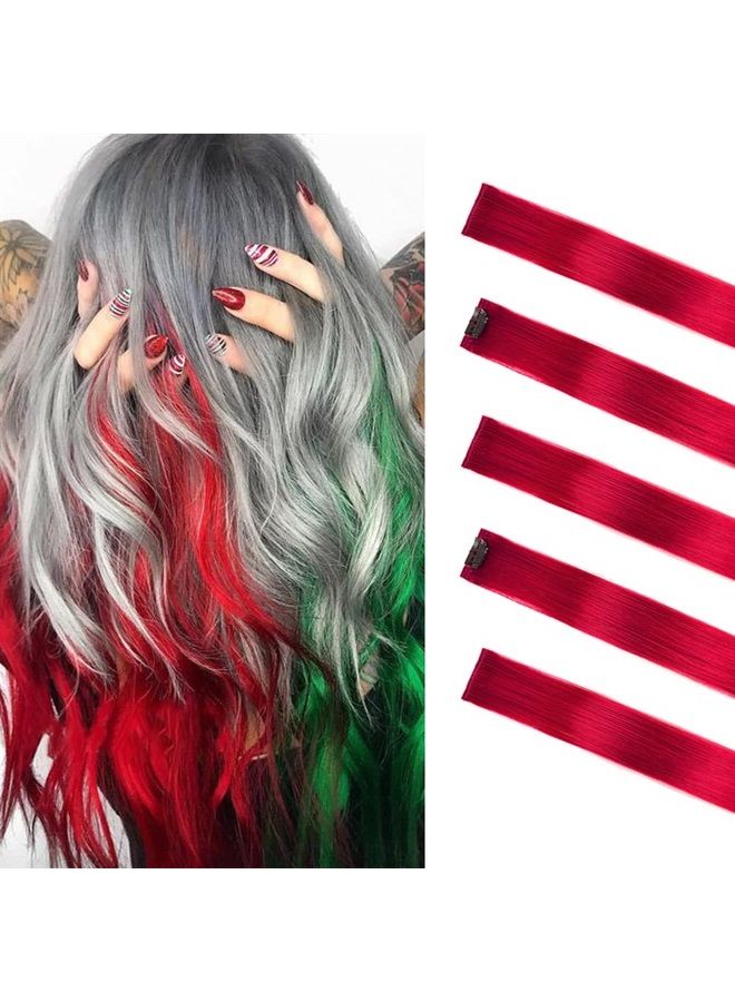Winsky Red Hair Extensions Clip in Human Hair - 100% Straight Party Highlights Clip on Colored Hair Extensions 5 Pieces/Set (18inch,Red) - Image 1