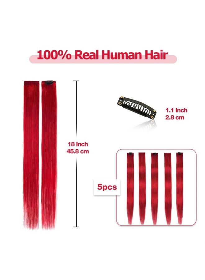 Winsky Red Hair Extensions Clip in Human Hair - 100% Straight Party Highlights Clip on Colored Hair Extensions 5 Pieces/Set (18inch,Red) - Image 2