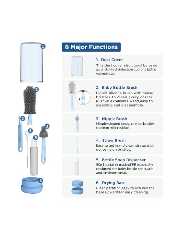 BIGTHREE Baby Bottle Brush, Travel Bottle Cleaner Kit with Extendable Silicone Bottle Brush, Nipple Cleaner Brush, Straw Brush, Soap Dispenser, Dust Cap and Stand (Blue) - Image 3
