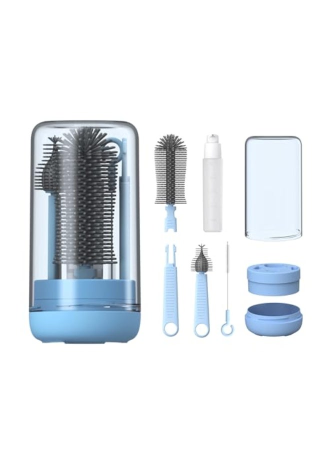 BIGTHREE Baby Bottle Brush, Travel Bottle Cleaner Kit with Extendable Silicone Bottle Brush, Nipple Cleaner Brush, Straw Brush, Soap Dispenser, Dust Cap and Stand (Blue) - Image 1