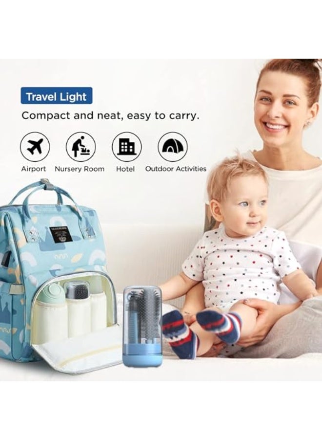 BIGTHREE Baby Bottle Brush, Travel Bottle Cleaner Kit with Extendable Silicone Bottle Brush, Nipple Cleaner Brush, Straw Brush, Soap Dispenser, Dust Cap and Stand (Blue) - Image 2