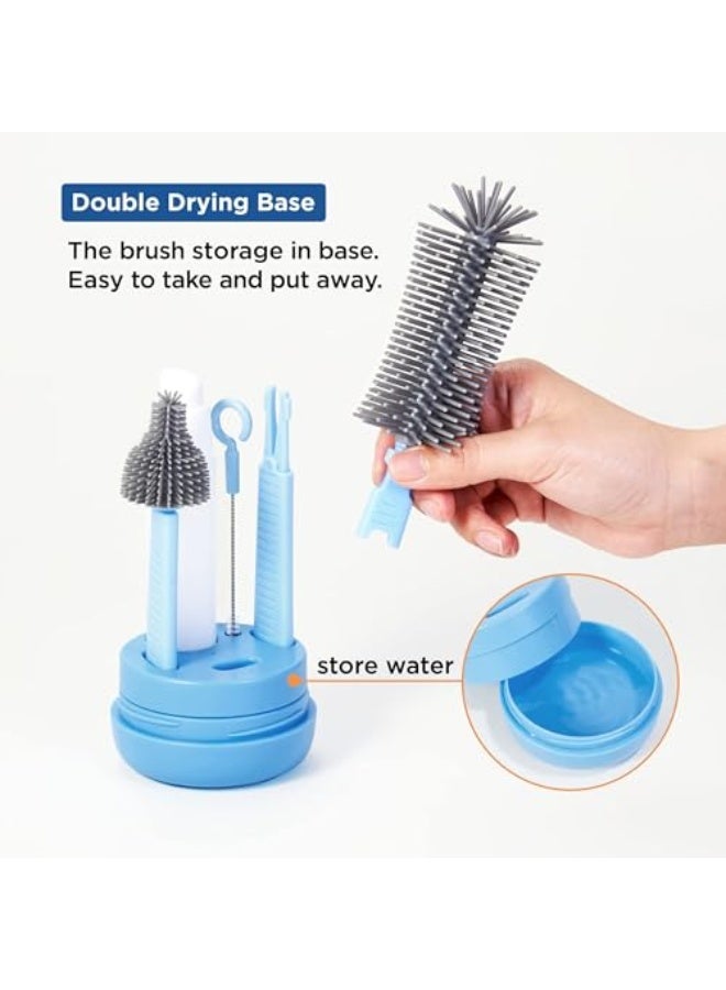 BIGTHREE Baby Bottle Brush, Travel Bottle Cleaner Kit with Extendable Silicone Bottle Brush, Nipple Cleaner Brush, Straw Brush, Soap Dispenser, Dust Cap and Stand (Blue) - Image 4
