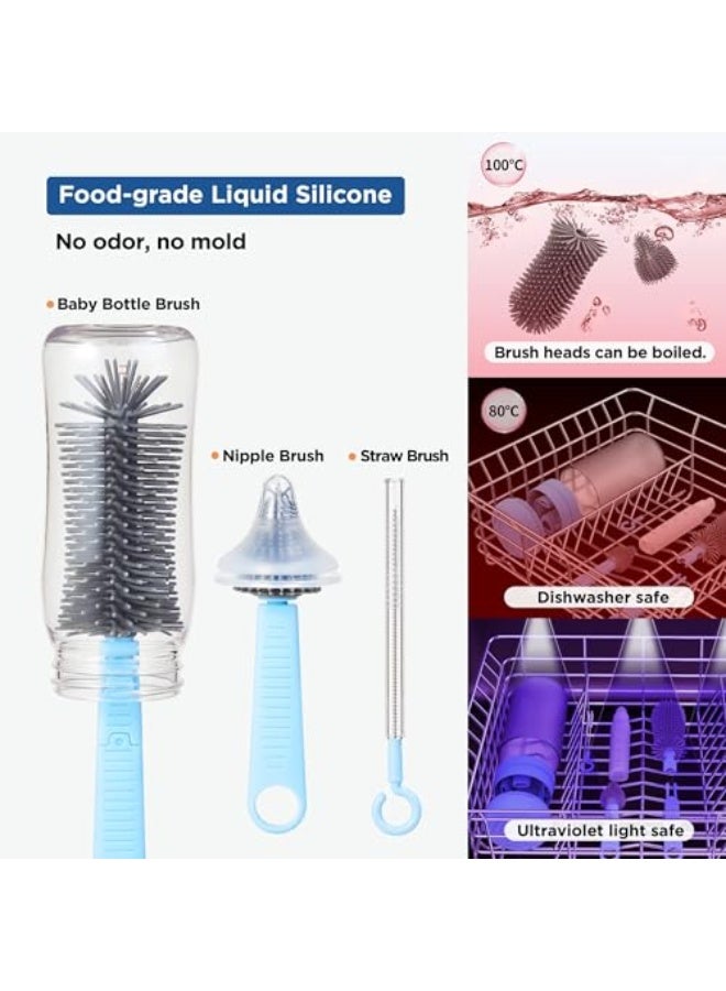 BIGTHREE Baby Bottle Brush, Travel Bottle Cleaner Kit with Extendable Silicone Bottle Brush, Nipple Cleaner Brush, Straw Brush, Soap Dispenser, Dust Cap and Stand (Blue) - Image 5