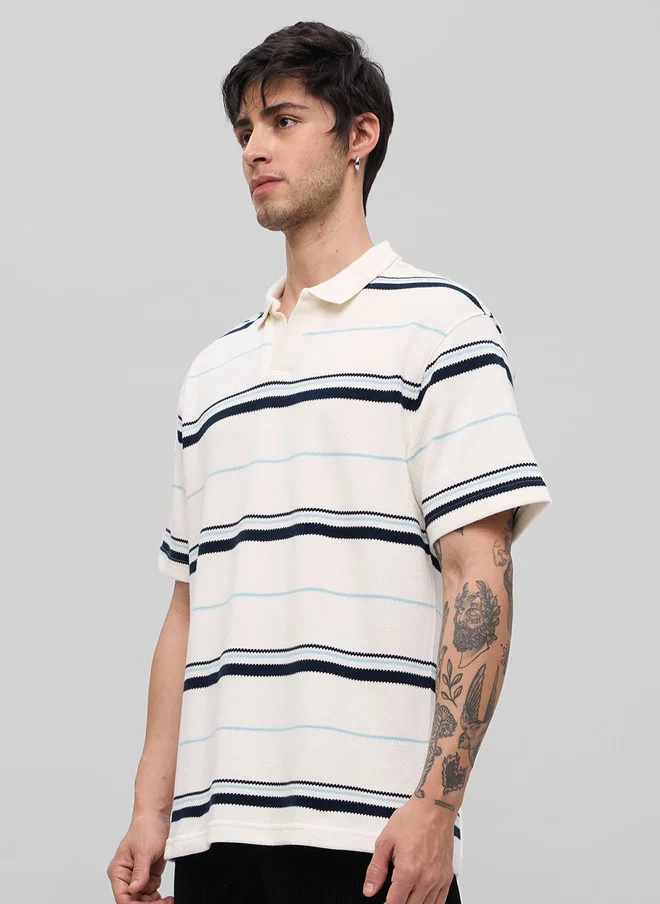The Souled Store  The Souled Store Men Oversized Fit Popcorn Striped Off White Polo  | Best Price UAE